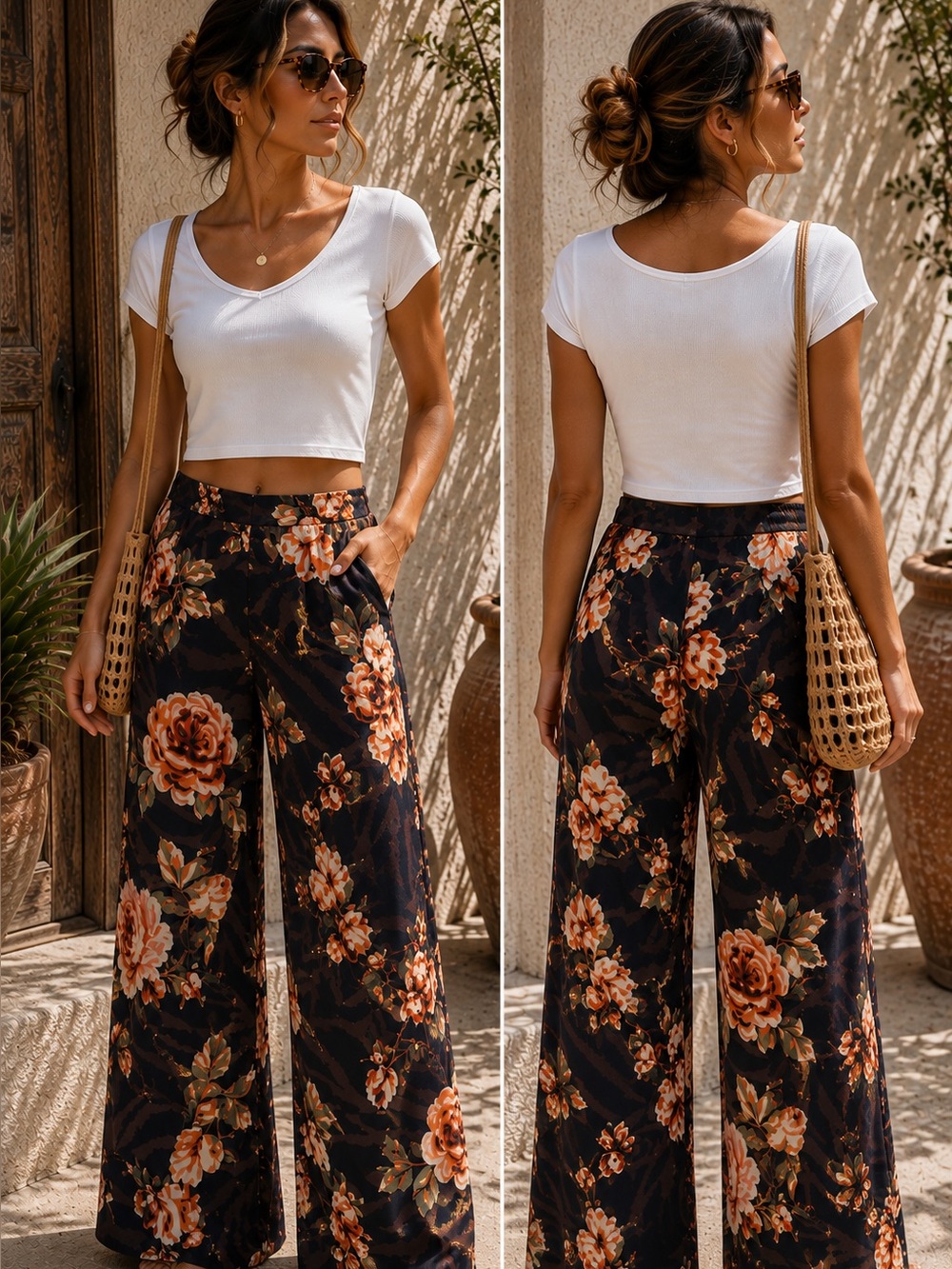 Black Floral Rose Print Wide Leg Flowy Pants High Rise Size S